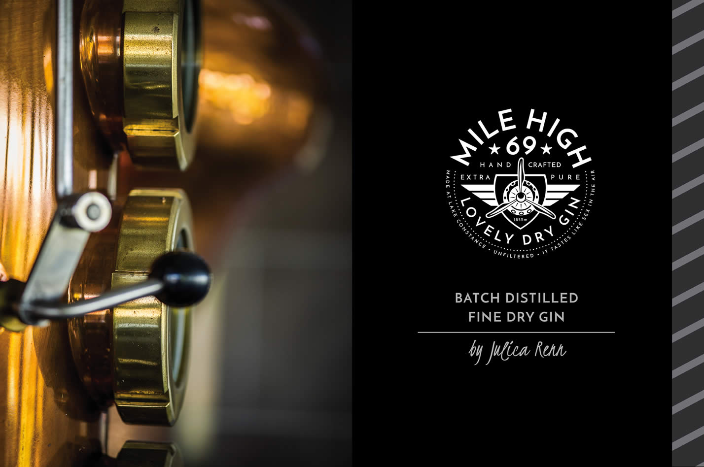Stimmungsvolles Foto der Mile High 69 Gin Destillerie mit Logo