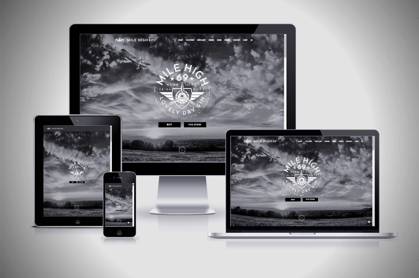 Mile High 69 Gin Webdesign von Christin von Wels, catfish creative mit Bildschirm, Tablet und Smartphone